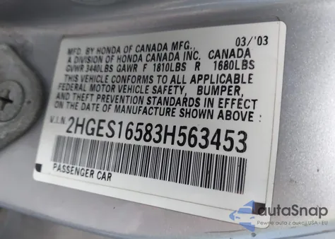 2003 Honda Civic Lx из США, поврежденный, VIN 2HGES16583H563453